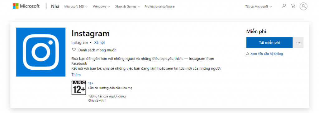Cài đặt ứng dụng Instagram trên máy tính Windows Store