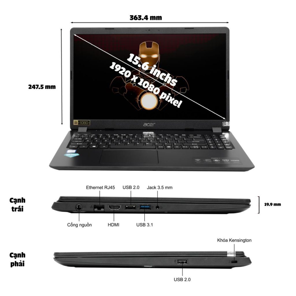 Laptop Acer Aspire A315-54K-37B0 (NX.HEESV.00D) thiết kế bền bỉ