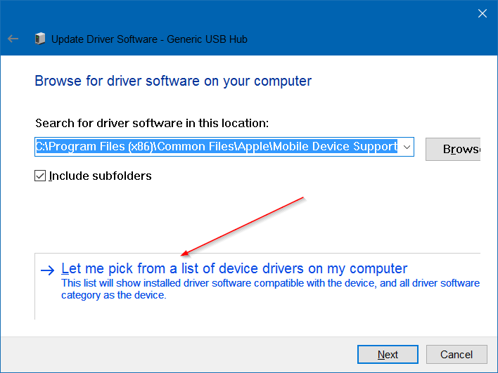 Tiếp tục click vào Let me pick from a list of device drivers on my computer