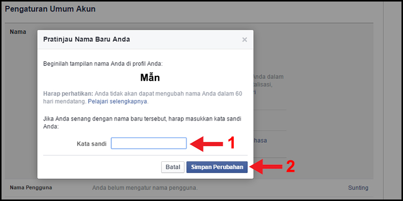 Bạn nhập mật khẩu Facebook vào ô Kata sandi để xác nhận > Nhấn nút Simpan Perubahan.