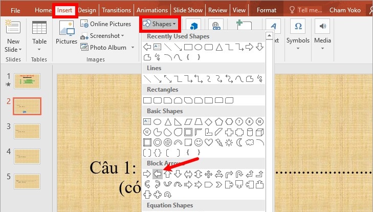 chọn Insert -> Shapes -> chọn hình bạn muốn.