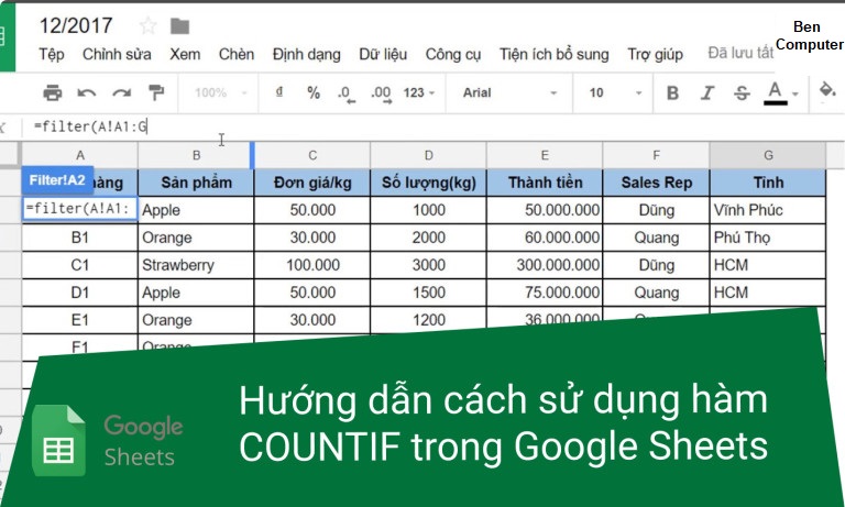 Hàm Countif trong Google Sheets