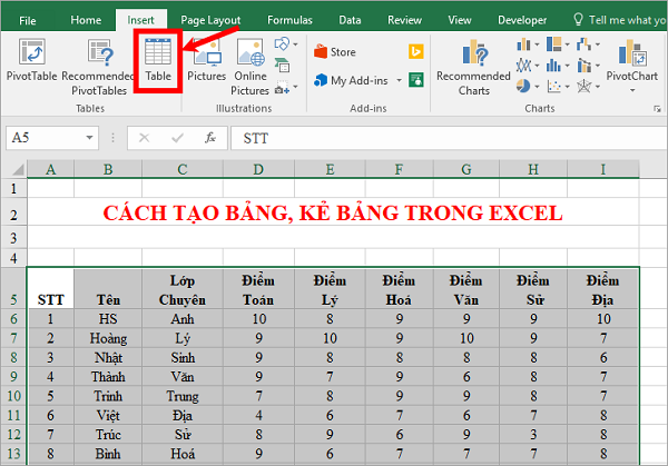 Cách tạo bảng trong Excel 2016