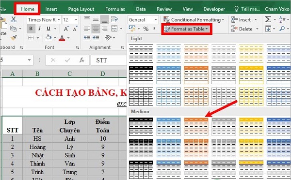 Cách tạo bảng trong Excel 2013