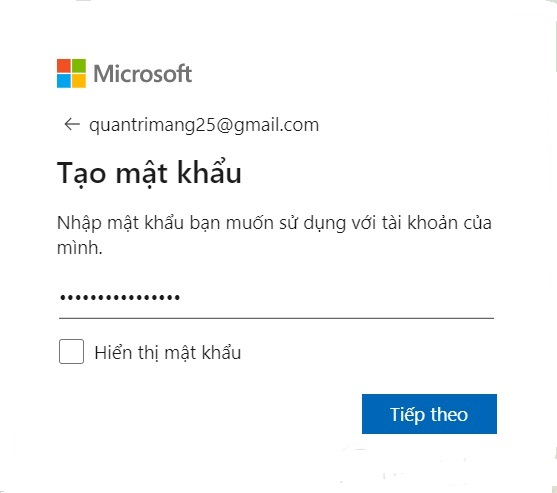 Tạo mật khẩu đăng ký tài khoản Microsoft