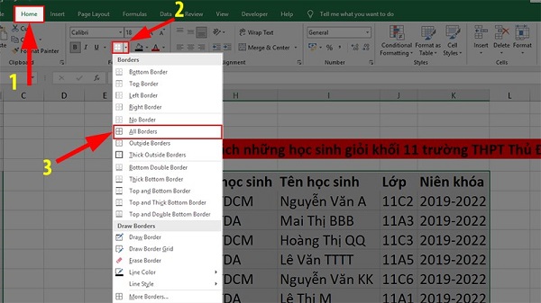 Bảng trong Excel theo đường viền.  Tạo đơn hàng