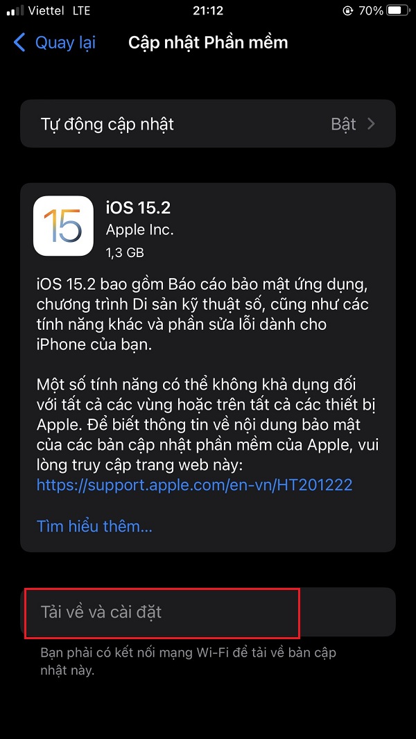 Cài đặt iOS 15.2 
