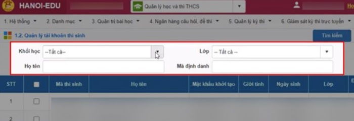 Điền đẩy đủ thông tin của học sinh