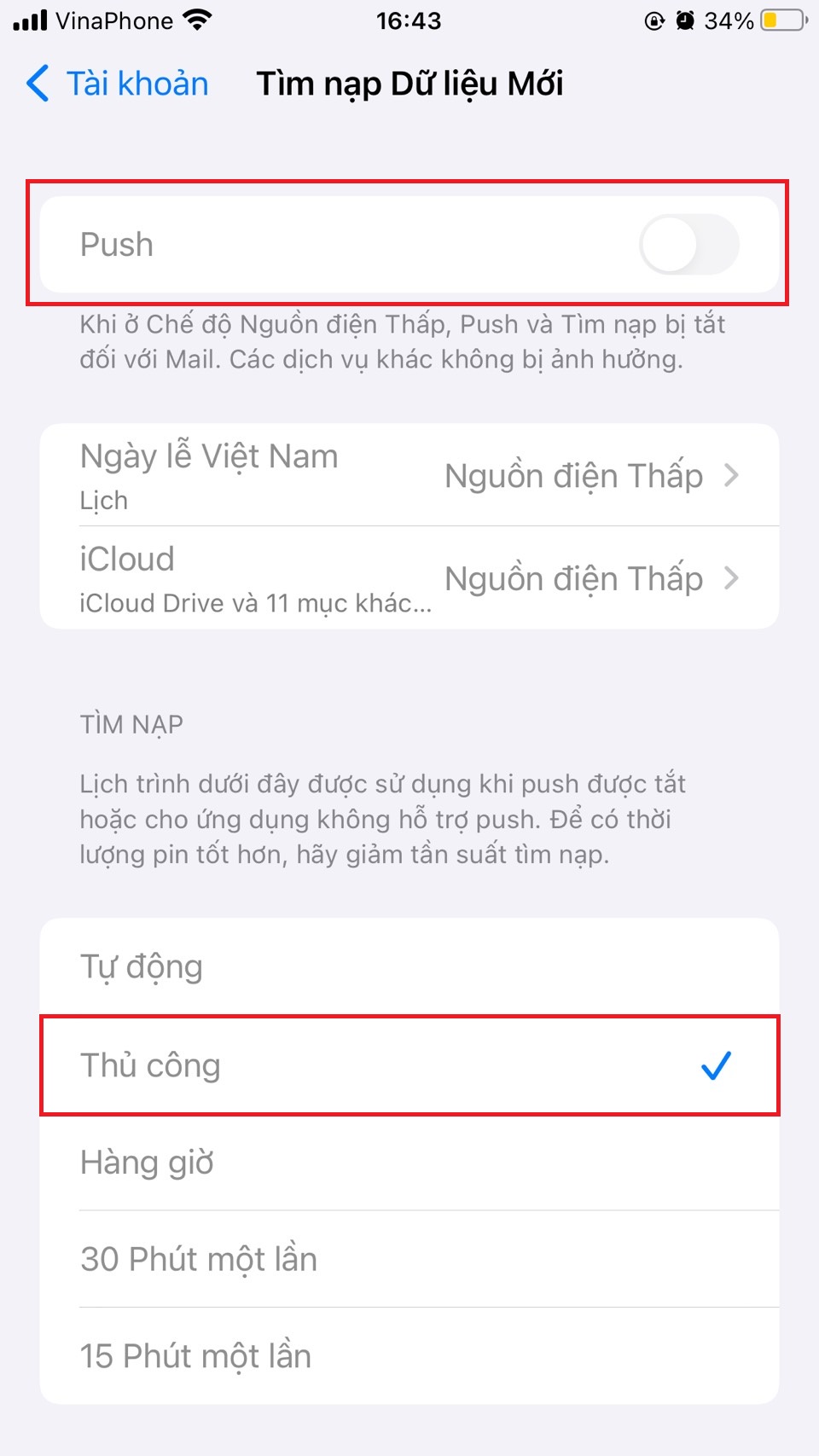 Tắt tính năng push avf tìm nạp email theo cách thủ công