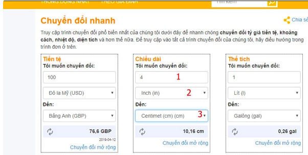 đổi từ inch sang cm