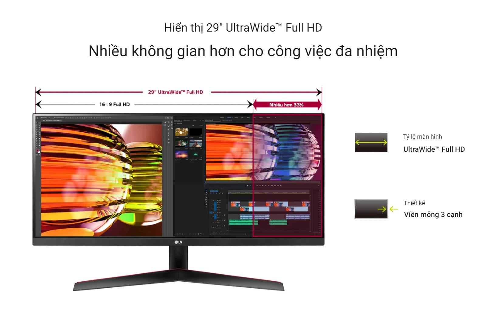 LG UltraWide 29WP60G-B cho phép người dùng sử dụng nhiều ứng dụng cùng lúc