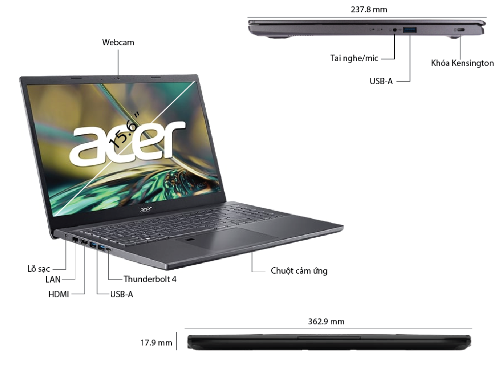 Laptop ACER ASPIRE A515-57-52Y2 được trang bị màn hình 15.6 inch Full HD với độ phân giải 1920 x 1080