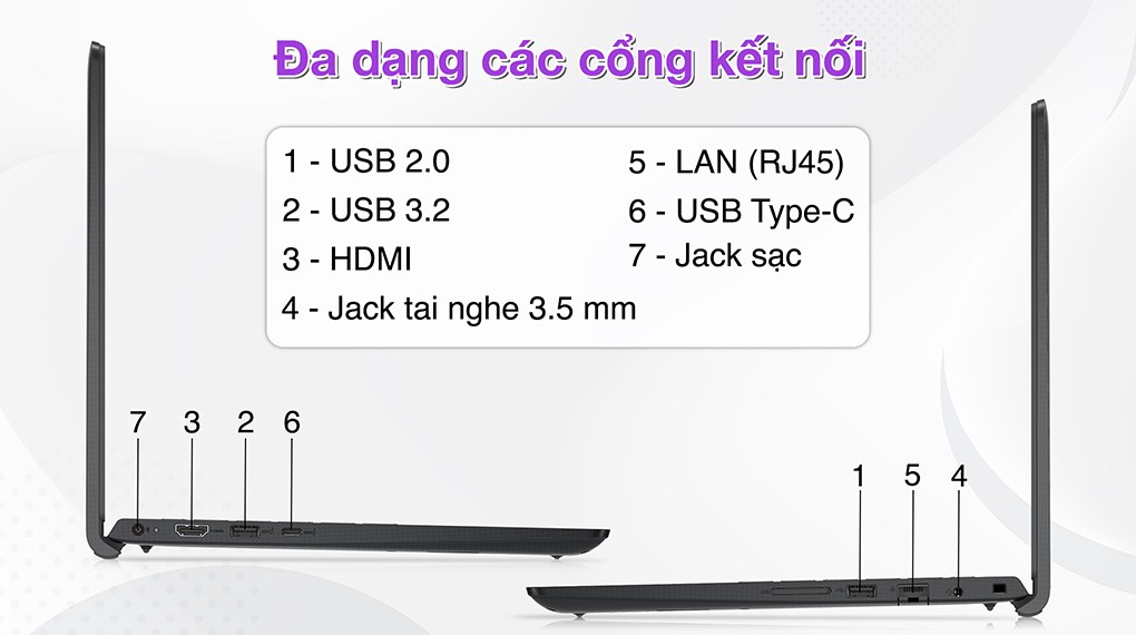 Laptop Dell Vostro 3420 cũng được trang bị đầy đủ các cổng kết nối cần thiết, bao gồm cổng USB 3.2, cổng HDMI và khe cắm thẻ nhớ SD