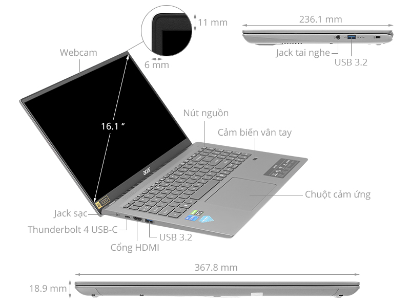 Acer Swift X SFX16-51G-50GS được trang bị pin 59Wh, cho thời gian sử dụng lên tới 10 giờ trên một lần sạc đầy.