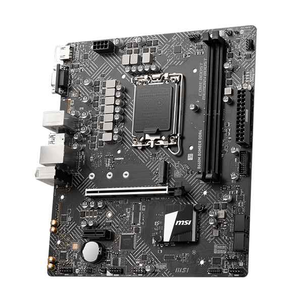 Mainboard MSI B660M BOMBER cung cấp các cổng kết nối phong phú, bao gồm cổng USB, cổng HDMI, cổng âm thanh và cổng mạng Ethernet.