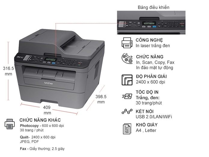 Máy in laser Brother MFC-L2701D không chỉ có khả năng in ấn, mà còn tích hợp các chức năng khác như sao chụp, quét và fax.