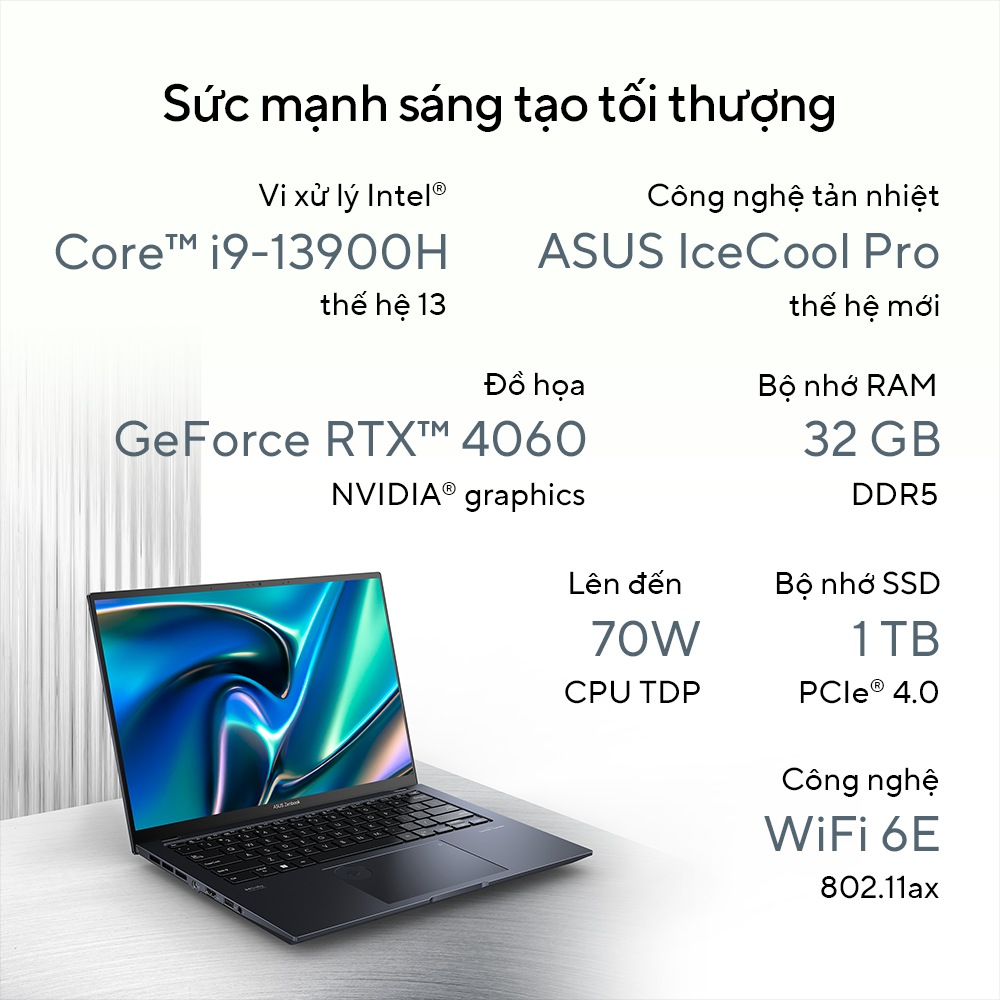 Laptop Asus Zenbook Pro 14 OLED UX6404VV-P4069W được trang bị cấu hình mạnh mẽ và hiện đại, bao gồm vi xử lý Intel Core i9 thế hệ 13