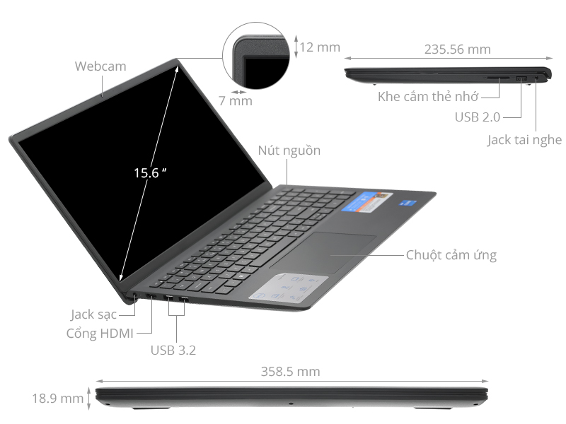 Màn hình 15.6 inch FHD trên Laptop Dell Inspiron 15 3520 mang đến hình ảnh sắc nét và chi tiết.