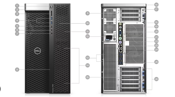 Dell Precision 7920 Tower được trang bị một loạt các cổng kết nối để đáp ứng các nhu cầu sử dụng đa dạng.