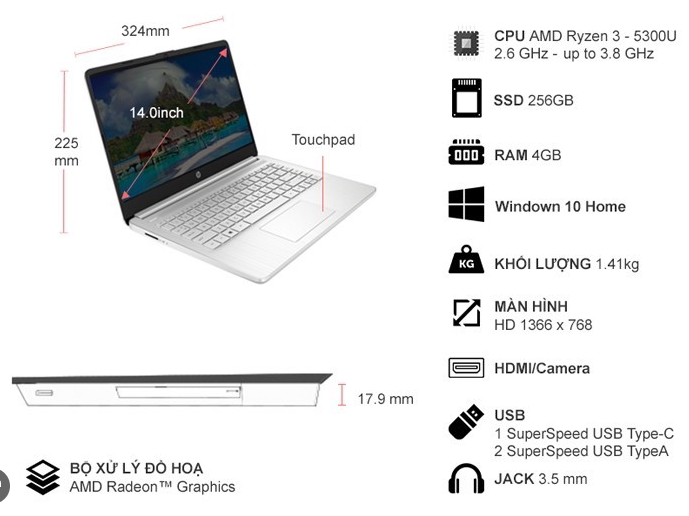 Laptop HP 14s-fq1080AU có thiết kế mỏng nhẹ, thuận tiện cho việc di chuyển và mang theo bên mình.