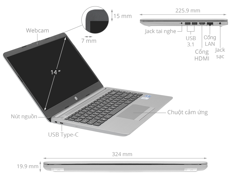 Laptop HP 240 G9 6L1X7PA hỗ trợ các tùy chọn kết nối phong phú, bao gồm cổng USB 3.1, cổng HDMI và cổng Ethernet.