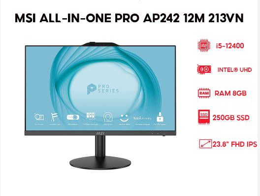 Máy tính để bàn All in one MSI Pro AP242 12M 213VN là một sản phẩm đáng chú ý trong danh sách các thiết bị đa năng của MSI.