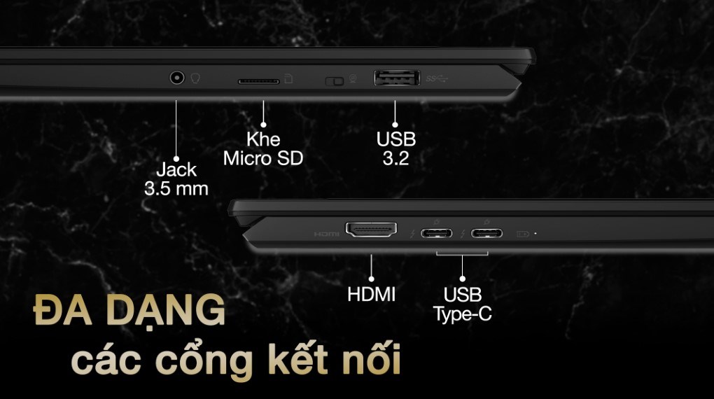 Laptop MSI Summit E14FlipEvo được trang bị 2 cổng Thunderbolt 4, HDMI, cổng USB-A, cổng thẻ nhớ micro SD và cổng nhạc 3.5mm.