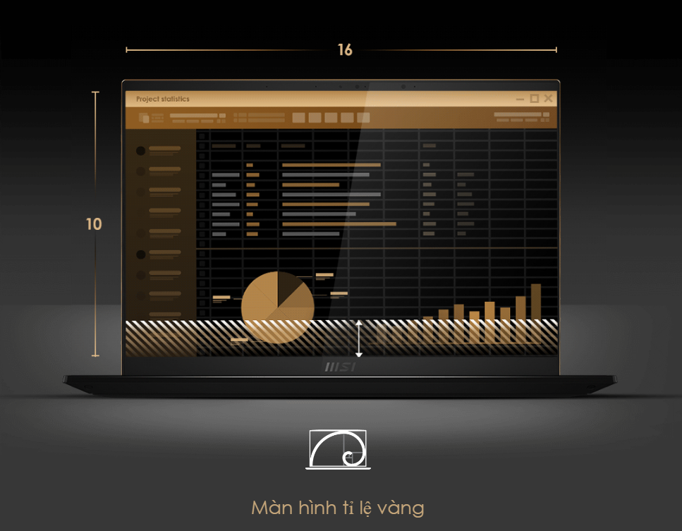 Màn hình 16-inch của MSI Summit E16 Flip được thiết kế theo tỉ lệ vàng 16:10 với độ phân giải QHD+ siêu nét.