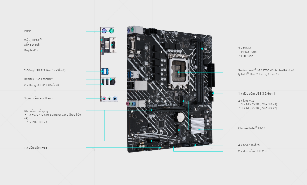 Mainboard Asus PRIME H610M-E D4 tích hợp chip âm thanh Realtek ALC887 giúp tái tạo âm thanh chất lượng cao và trung thực.