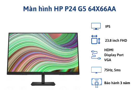 Màn hình HP P24 G5 64X66AA có thiết kế hiện đại và tinh tế, với viền mỏng và góc nhìn rộng, giúp tối ưu hóa trải nghiệm người dùng.