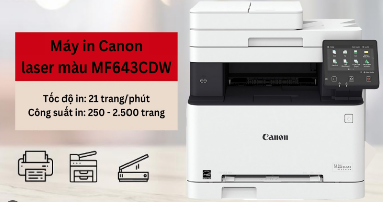 Máy in đa chức năng CANON MF643CDW cũng đi kèm với hộp mực tiêu chuẩn có khả năng in tới 2.300 trang.