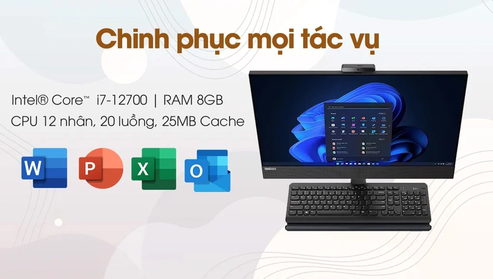 Máy tính All in one Lenovo ThinkCentre M90a Gen 3 đi kèm với chuột và bàn phím, giúp bạn tiết kiệm thời gian và tiện lợi trong quá trình sử dụng.