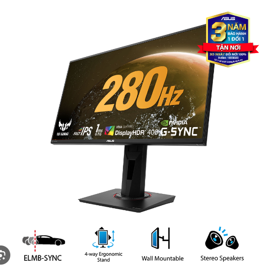 Màn hình Asus TUF GAMING VG259QM được trang bị tần số quét lên đến 280Hz, cho phép hiển thị ảnh với tốc độ cực nhanh, tránh hiện tượng giật hình và giảm thiểu độ trễ hình ảnh.