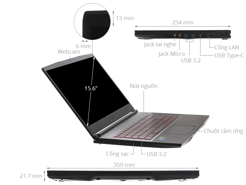 Laptop MSI GF63 11UC-445VN có thiết kế đơn giản và sang trọng với màu đen tối.