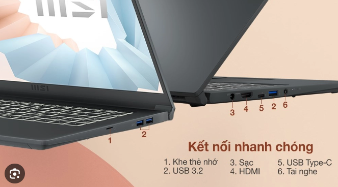 Laptop MSI Modern 15 A5M 236VN hỗ trợ nhiều cổng kết nối cần thiết như 3 cổng USB 3.2, HDMI, Jack tai nghe 3.5 mm và USB Type-C, cho phép bạn sạc pin nhanh chóng và truyền tải dữ liệu dễ dàng đến các thiết bị ngoại vi như loa, chuột, máy in hay máy chiếu.