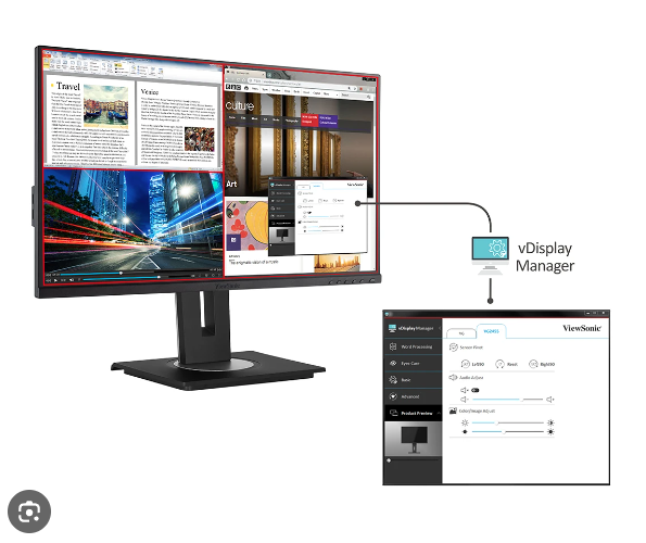 Màn hình Viewsonic VG2755-2K có thiết kế tiện ích, có thể điều chỉnh độ cao, nghiêng và xoay màn hình để có góc nhìn tốt nhất.